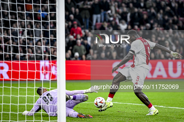 AFC Ajax Amsterdam forward Brian Brobbey plays during the match between Ajax and Maccabi Tel Aviv at the Johan Cruijff ArenA for the UEFA Eu...