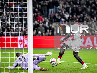 AFC Ajax Amsterdam forward Brian Brobbey plays during the match between Ajax and Maccabi Tel Aviv at the Johan Cruijff ArenA for the UEFA Eu...