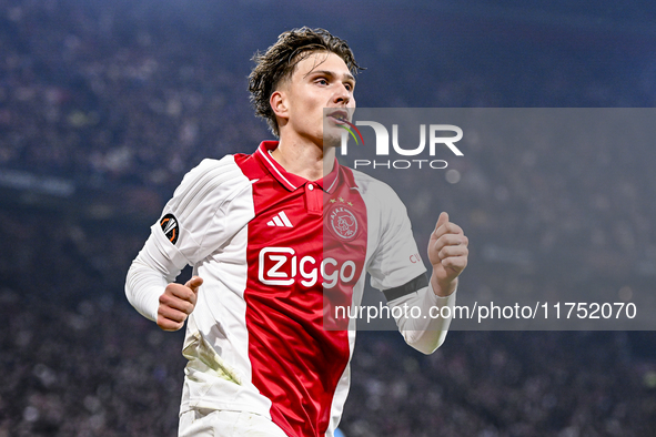 AFC Ajax Amsterdam forward Mika Godts celebrates the 3-0 goal during the match between Ajax and Maccabi Tel Aviv at the Johan Cruijff ArenA...