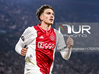 AFC Ajax Amsterdam forward Mika Godts celebrates the 3-0 goal during the match between Ajax and Maccabi Tel Aviv at the Johan Cruijff ArenA...