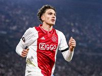 AFC Ajax Amsterdam forward Mika Godts celebrates the 3-0 goal during the match between Ajax and Maccabi Tel Aviv at the Johan Cruijff ArenA...