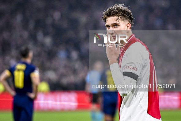 AFC Ajax Amsterdam forward Mika Godts celebrates the 3-0 goal during the match between Ajax and Maccabi Tel Aviv at the Johan Cruijff ArenA...