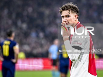 AFC Ajax Amsterdam forward Mika Godts celebrates the 3-0 goal during the match between Ajax and Maccabi Tel Aviv at the Johan Cruijff ArenA...