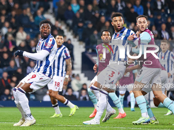 Josh Maja (#9), Mason Holgate (#3) of WBA, and Josh Brownhill (#8) of Burnley are in action during the Sky Bet Championship match between We...