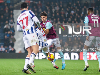 Jeremy Sarmiento of Burnley is in defensive action during the Sky Bet Championship match between West Bromwich Albion and Burnley at The Haw...