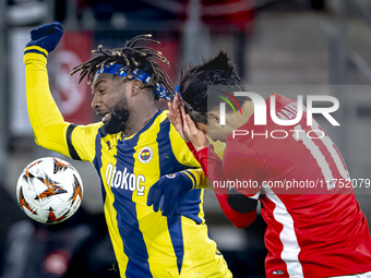 AZ Alkmaar defender Seiya Maikuma and Fenerbahce forward Allan Saint-Maximin play during the match between AZ and Fenerbahce at the AFAS Sta...