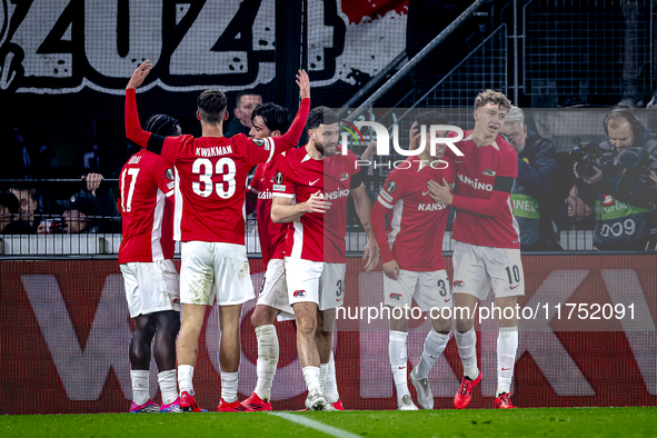 AZ Alkmaar defender Ro-Zangalo Daal scores the 1-0 and celebrates the goal during the match between AZ and Fenerbahce at the AFAS Stadium fo...