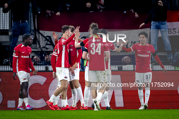 AZ Alkmaar defender Ro-Zangalo Daal scores the 1-0 and celebrates the goal during the match between AZ and Fenerbahce at the AFAS Stadium fo...