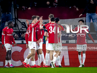 AZ Alkmaar defender Ro-Zangalo Daal scores the 1-0 and celebrates the goal during the match between AZ and Fenerbahce at the AFAS Stadium fo...