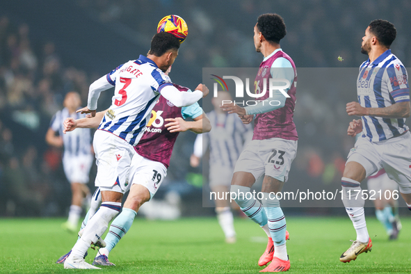 Mason Holgate of WBA heads the ball away during the Sky Bet Championship match between West Bromwich Albion and Burnley at The Hawthorns in...