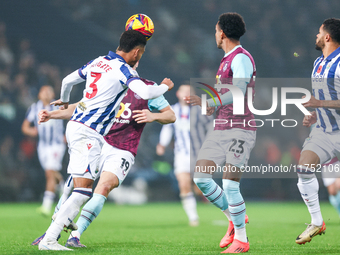 Mason Holgate of WBA heads the ball away during the Sky Bet Championship match between West Bromwich Albion and Burnley at The Hawthorns in...