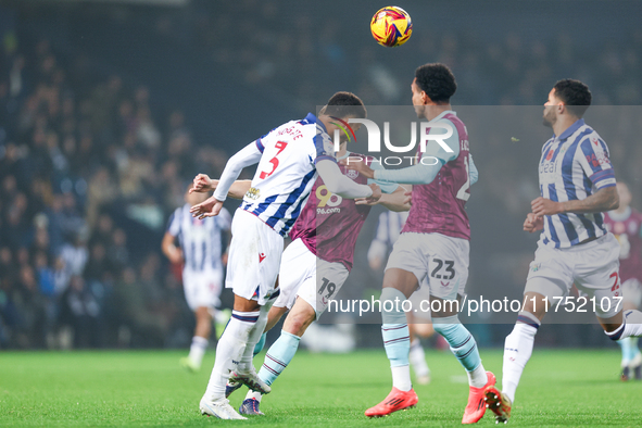 Mason Holgate of WBA heads the ball away during the Sky Bet Championship match between West Bromwich Albion and Burnley at The Hawthorns in...