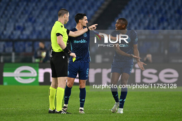 Referee Georgi Kabakov (BUL) and Tiago Djalo of F.C. Porto are present during the UEFA Europa League 2024/25 League Phase MD4 match between...