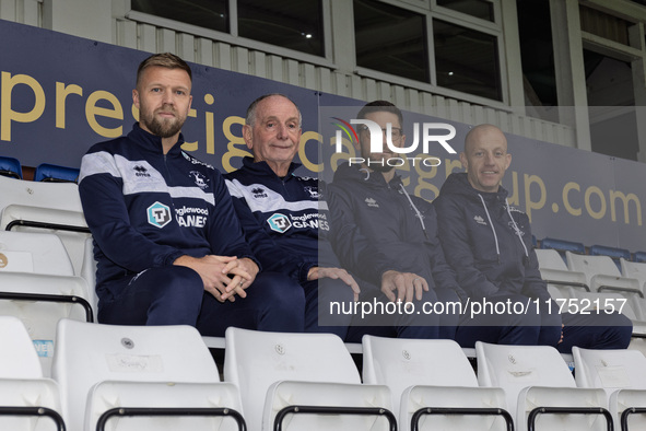 Hartlepool United's management team, from left to right, Nicky Featherstone (coach), Lennie Lawrence (Manager), Gavin Skelton (1st team coac...