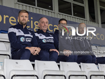 Hartlepool United's management team, from left to right, Nicky Featherstone (coach), Lennie Lawrence (Manager), Gavin Skelton (1st team coac...