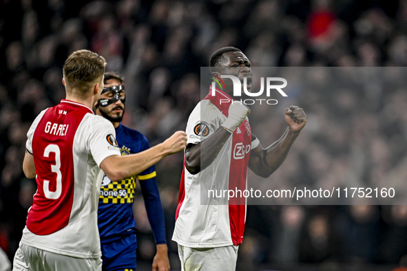 AFC Ajax Amsterdam forward Brian Brobbey celebrates the 4-0 goal during the match between Ajax and Maccabi Tel Aviv at the Johan Cruijff Are...