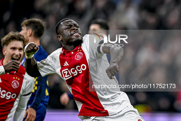 AFC Ajax Amsterdam forward Brian Brobbey celebrates the 4-0 goal during the match between Ajax and Maccabi Tel Aviv at the Johan Cruijff Are...