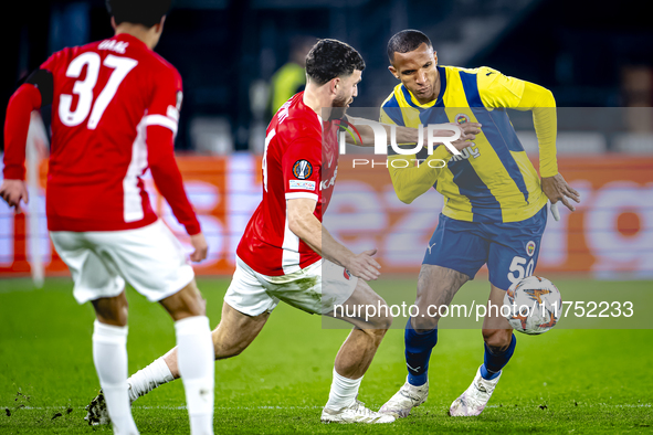 AZ Alkmaar defender Mees de Wit and Fenerbahce defender Rodrigo Becao play during the match between AZ and Fenerbahce at the AFAS stadium fo...