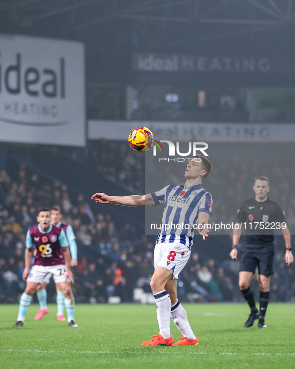 Jayson Molumby of WBA controls the ball during the Sky Bet Championship match between West Bromwich Albion and Burnley at The Hawthorns in W...