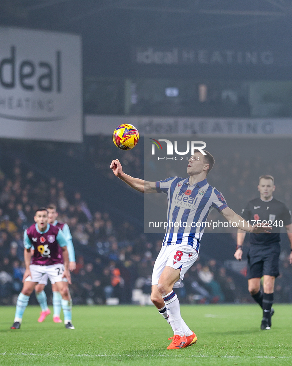 Jayson Molumby of WBA controls the ball during the Sky Bet Championship match between West Bromwich Albion and Burnley at The Hawthorns in W...