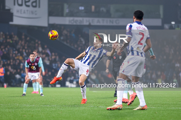 Jayson Molumby of WBA attempts to clear the ball overhead during the Sky Bet Championship match between West Bromwich Albion and Burnley at...