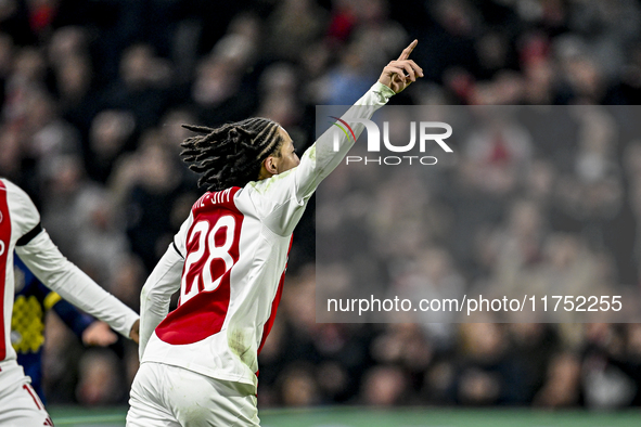 AFC Ajax Amsterdam midfielder Kian Fitz-Jim celebrates the 5-0 goal during the match between Ajax and Maccabi Tel Aviv at the Johan Cruijff...