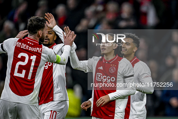 AFC Ajax Amsterdam midfielder Kian Fitz-Jim celebrates the 5-0 goal during the match between Ajax and Maccabi Tel Aviv at the Johan Cruijff...