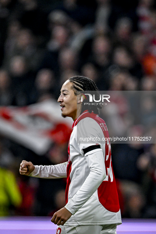 AFC Ajax Amsterdam midfielder Kian Fitz-Jim celebrates the 5-0 goal during the match between Ajax and Maccabi Tel Aviv at the Johan Cruijff...