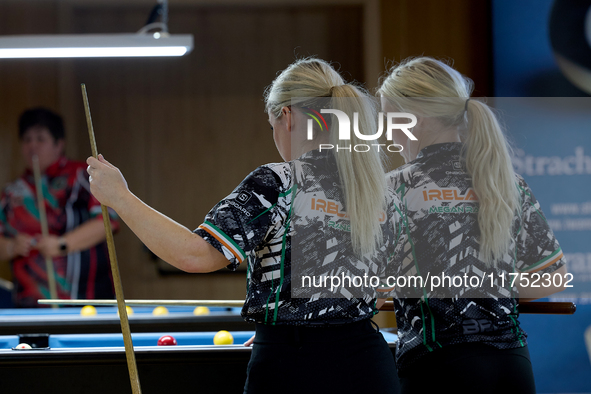 Twin sisters Carrie and Megan Randle from the Blackball Federation of Ireland national ladies doubles team react during a doubles ladies eve...