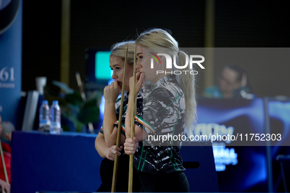 Twin sisters Carrie and Megan Randle from the Blackball Federation of Ireland national ladies doubles team react during a doubles ladies eve...