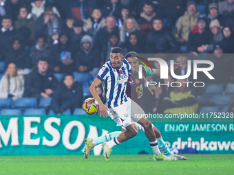 Number 18, Karlan Grant of WBA, is in attacking action during the Sky Bet Championship match between West Bromwich Albion and Burnley at The...