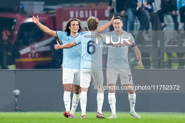 Nicolo' Rovella of SS Lazio celebrates the victory with Matteo Guendouzi and Adam Marusic at the end of the UEFA Europa League 2024/25 Leagu...