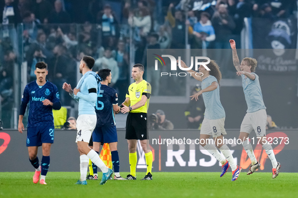 Matteo Guendouzi of SS Lazio celebrates the victory with Nicolo' Rovella at the end of the UEFA Europa League 2024/25 League Phase MD4 match...