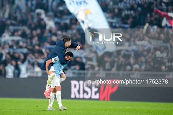 Mattia Zaccagni of SS Lazio celebrates the victory with Pedro at the end of the UEFA Europa League 2024/25 League Phase MD4 match between SS...