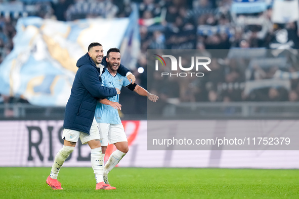 Mattia Zaccagni of SS Lazio celebrates the victory with Pedro at the end of the UEFA Europa League 2024/25 League Phase MD4 match between SS...