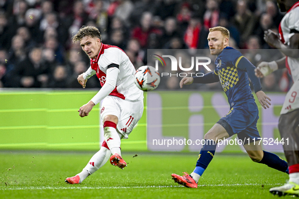 AFC Ajax Amsterdam forward Mika Godts plays during the match between Ajax and Maccabi Tel Aviv at the Johan Cruijff ArenA for the UEFA Europ...