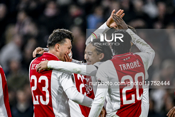 AFC Ajax Amsterdam forward Steven Berghuis and AFC Ajax Amsterdam midfielder Kian Fitz-Jim celebrate a goal during the match between Ajax an...