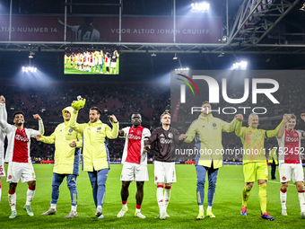 Ajax players celebrate the win during the match between Ajax and Maccabi Tel Aviv at the Johan Cruijff ArenA for the UEFA Europa League - Le...