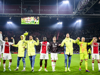 Ajax players celebrate the win during the match between Ajax and Maccabi Tel Aviv at the Johan Cruijff ArenA for the UEFA Europa League - Le...