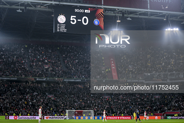 The final score appears on the board during the match between Ajax and Maccabi Tel Aviv at the Johan Cruijff ArenA for the UEFA Europa Leagu...