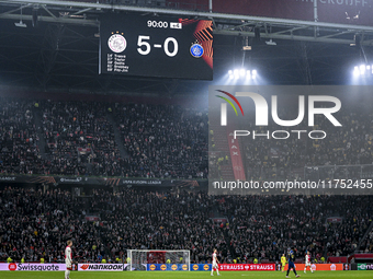 The final score appears on the board during the match between Ajax and Maccabi Tel Aviv at the Johan Cruijff ArenA for the UEFA Europa Leagu...