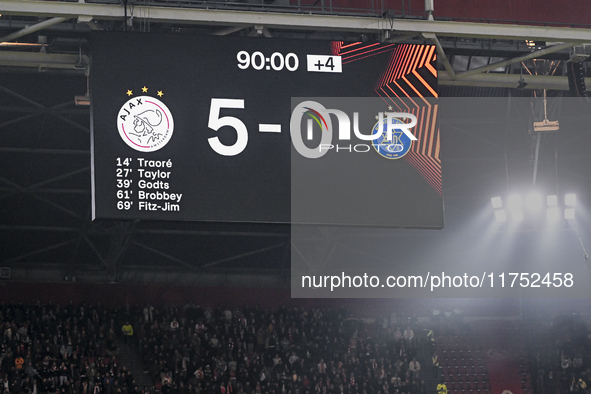 The final score appears on the board during the match between Ajax and Maccabi Tel Aviv at the Johan Cruijff ArenA for the UEFA Europa Leagu...