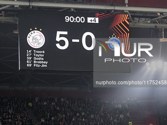 The final score appears on the board during the match between Ajax and Maccabi Tel Aviv at the Johan Cruijff ArenA for the UEFA Europa Leagu...