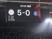 The final score appears on the board during the match between Ajax and Maccabi Tel Aviv at the Johan Cruijff ArenA for the UEFA Europa Leagu...