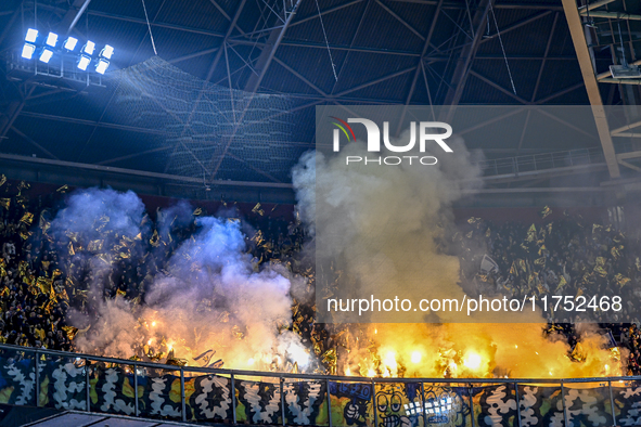 Fans of Maccabi Tel Aviv attend the match between Ajax and Maccabi Tel Aviv at the Johan Cruijff ArenA for the UEFA Europa League - League p...