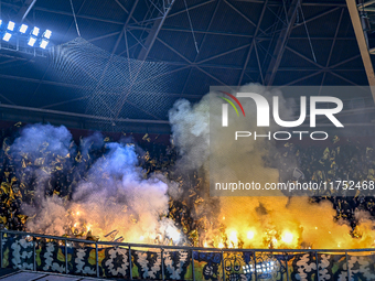 Fans of Maccabi Tel Aviv attend the match between Ajax and Maccabi Tel Aviv at the Johan Cruijff ArenA for the UEFA Europa League - League p...