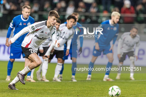 Mark Gual , penalty kick during UEFA Conference League match Legia Warsaw vs Dinamo Minsk in Warsaw Poland on 7 November 2024. 