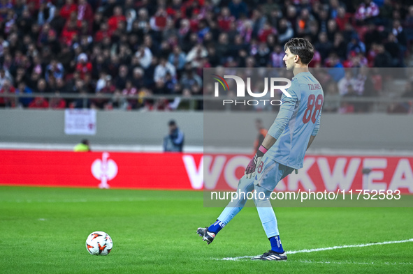 Konstantinos Tzolakis of Olympiacos FC plays during the Europa League Matchday 4 match between Olympiacos FC and Rangers at Georgios Karaisk...