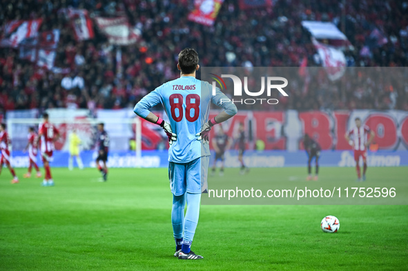 Konstantinos Tzolakis of Olympiacos FC plays during the Europa League Matchday 4 match between Olympiacos FC and Rangers at Georgios Karaisk...