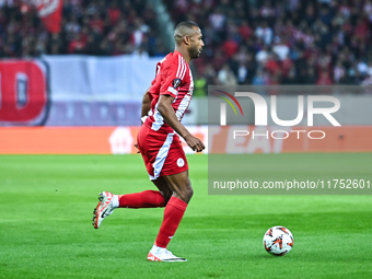 Ayoub El Kaabi of Olympiacos FC plays during the Europa League Matchday 4 match between Olympiacos FC and Rangers at Georgios Karaiskakis St...